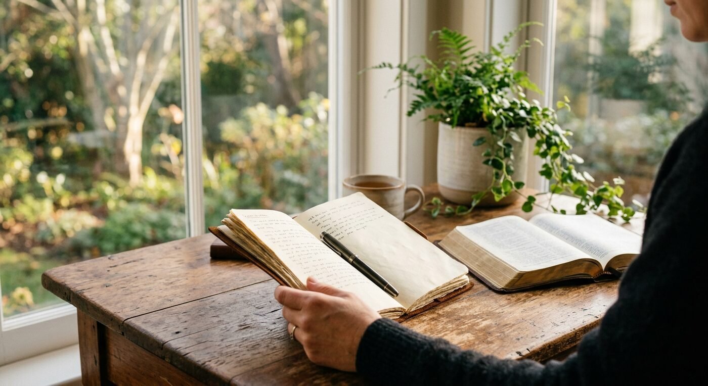 A journal and Bible by a window