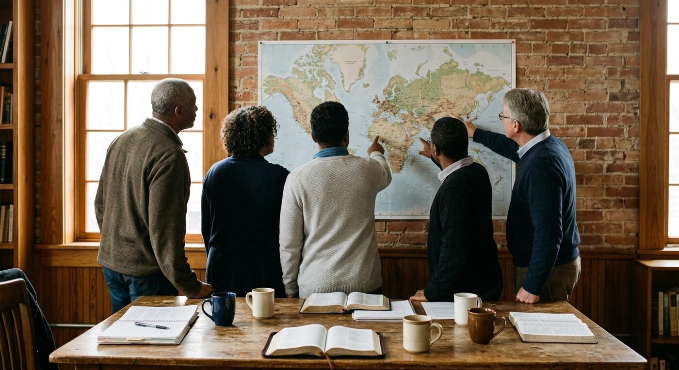Church leaders gathered around a world map
