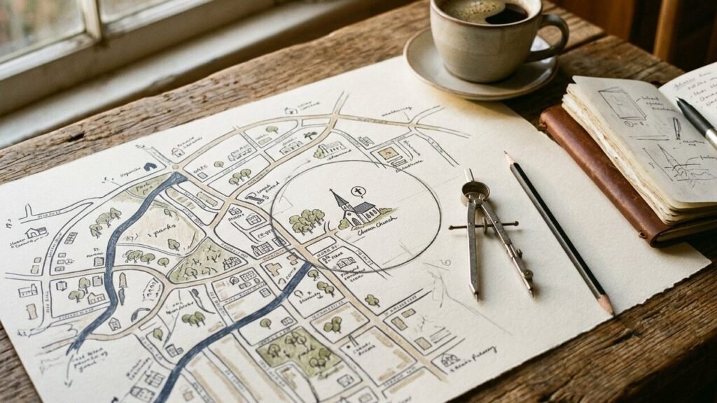A neighborhood map with a circle drawn around a church